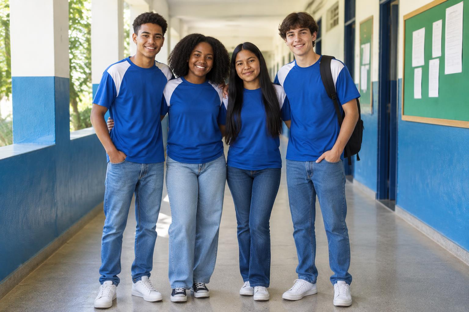 Grupo de estudantes de diferentes origens étnico-raciais em um corredor de escola